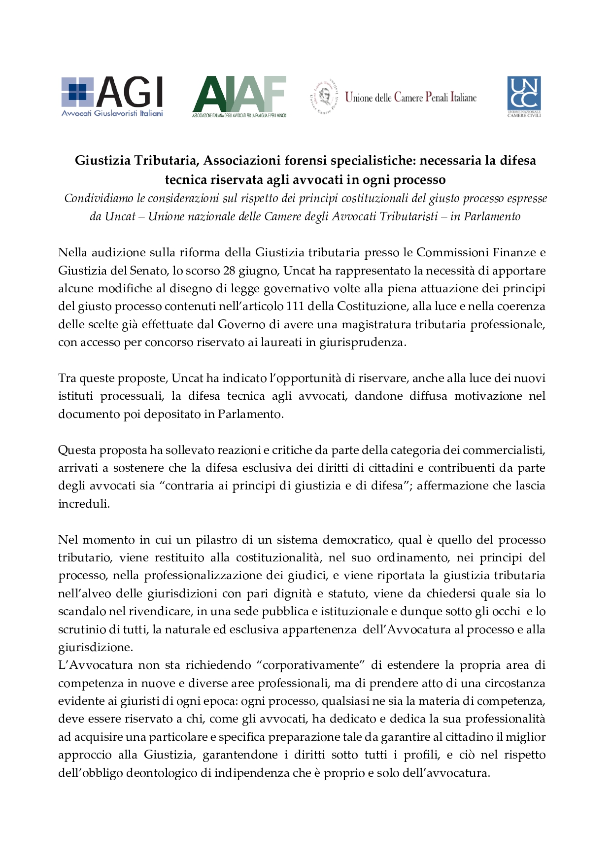 Giustizia Tributaria, necessaria la difesa tecnica riservata agli avvocati in ogni processo: il comunicato
